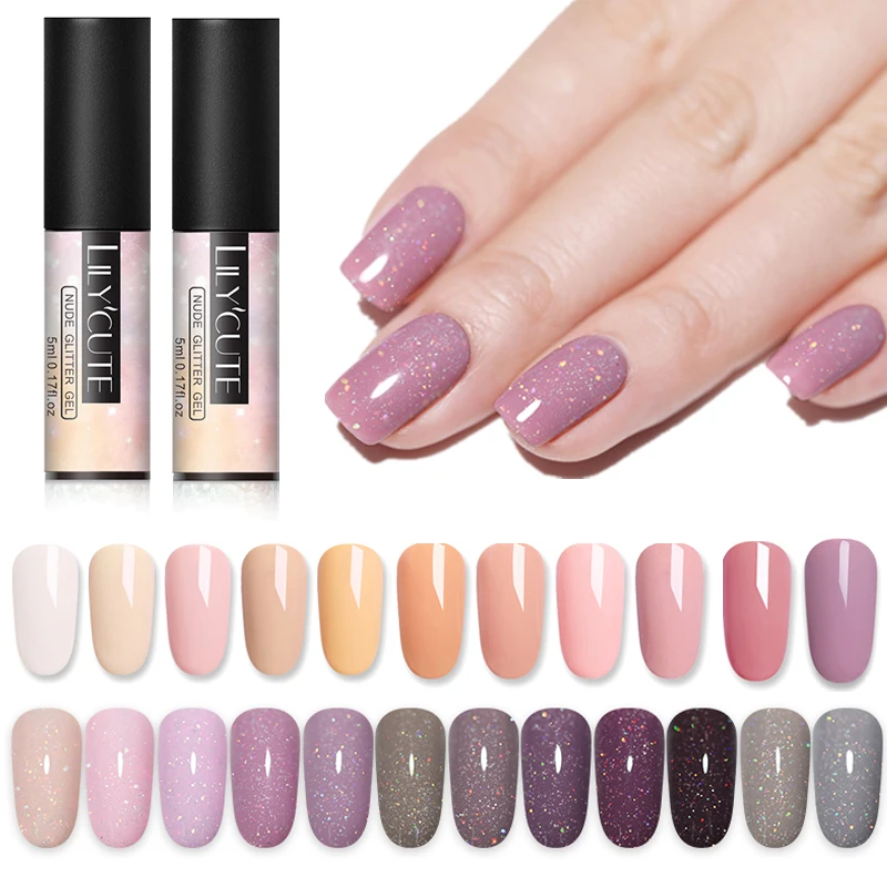 

LILYCUTE 5ml Nail Gel Polish Pink Red Glitter Series Long Lasting Soak Off Nail Art Gel Varnish 44 Colors UV Gel Varnish
