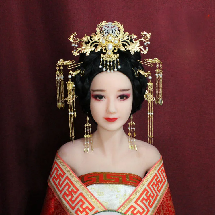 A322 Ancient Chinese Golden Phoenix Tiara Tassel Hair Sticks Jade Piece Hair Tiara TV Play Wedding Princess Headwear