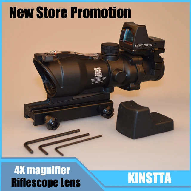 Cheap KINSTTA Rifle Military Lens Trijicon ACOG Style 4X32 Real Green Fiber Source Red Illuminated Rifle Scope w/ RMR Micro Red Dot