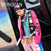 Bonjean/куртка с заклепками, осенняя верхняя одежда, лоскутное пальто с длинными рукавами для женщин с надписью, куртка из искусственной кожи, BJ182