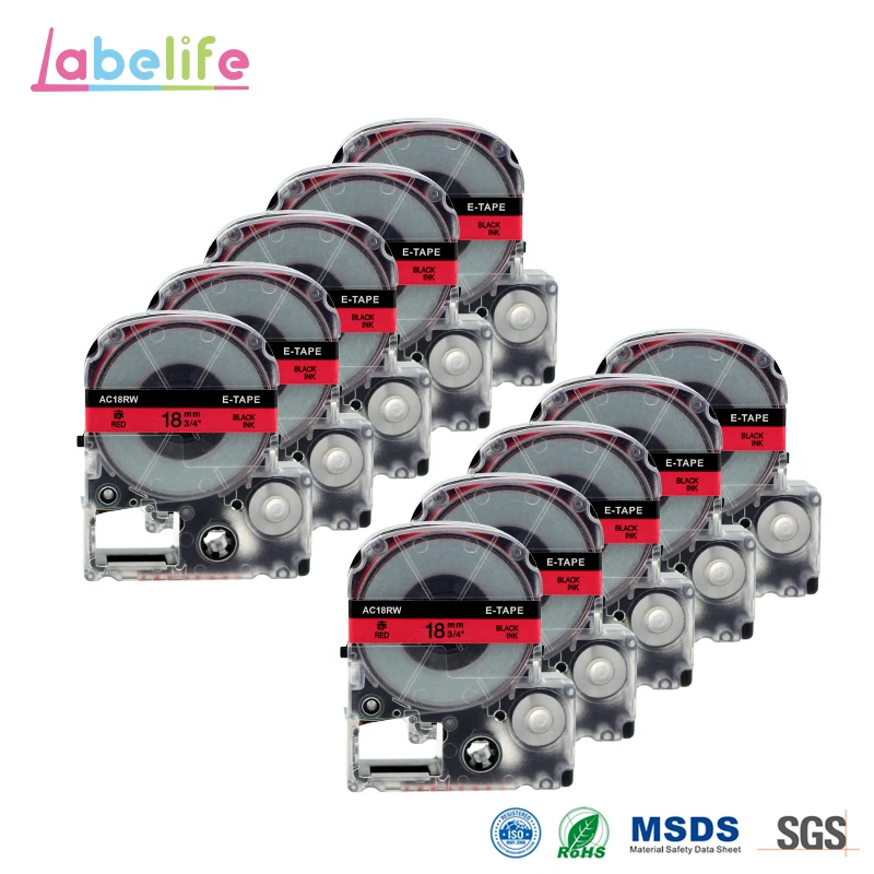 Labelife 10 Pack SC18R Black On Red Compatible Epson Labelworks 18mmx8m Label Tape Cartridge