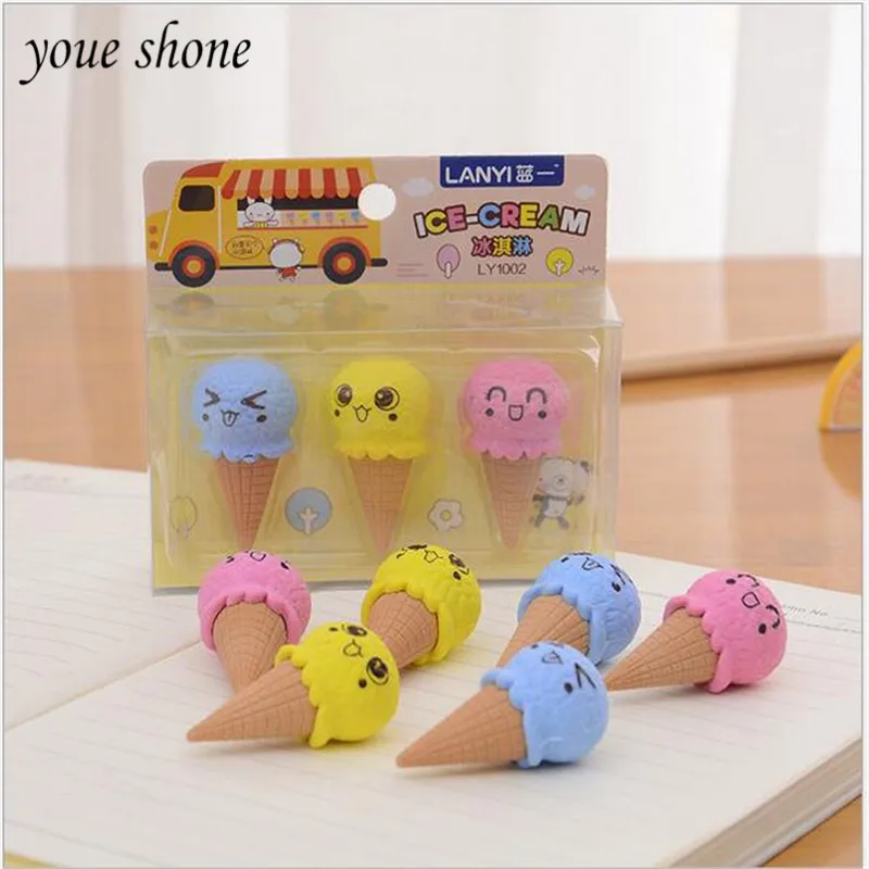 

YOUE SHONE 1sets kawaii Korean stationery erasers set cute cartoon ice cream donut rubber pencil erasers for girl