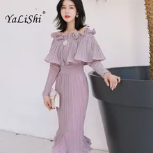 2019 Autumn Solid Mermaid Dress Women Purple Full Cloak Sleeve Slash Neck Ruffles Casual Wrap Office Dress Modis Gold Dresses cloak sleeve backless solid dress