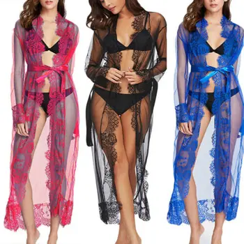

Women's Sexy Transparent Lace Kimono Long-Sleeved Gauze Long Robe Blouse Ladies See Through Cover up Bathing Beachwear Dress