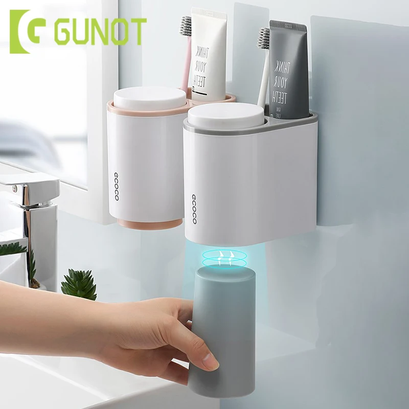 

GUNOT Magnetic Toothbrush Holder Wall Mount Toothpaste Toothbrush Holder With 2 Cup Home Storage Shelf Bathroom Accessories Set