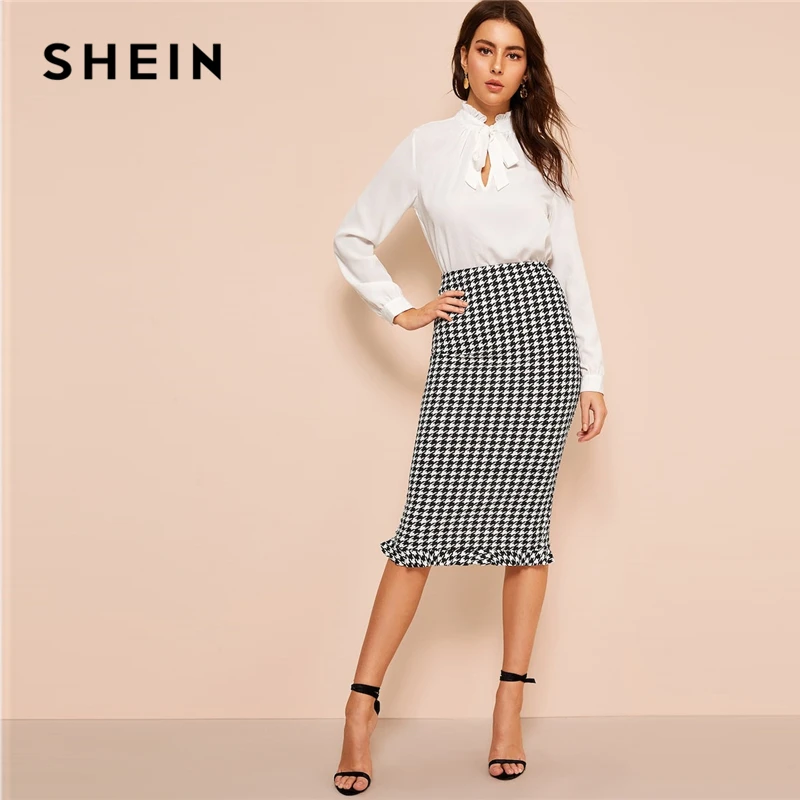 SHEIN черно-белая облегающая юбка-футляр с оборкой и рисунком «гусиная лапка», Женская Весенняя элегантная повседневная прямая Длинная юбка с высокой талией