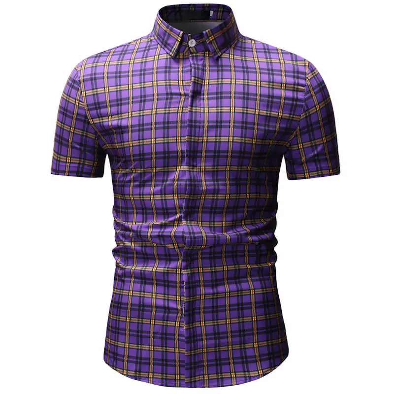 YS18 purple Летние Новые мужские плед рубашки для мужчин модные хлопковые с коротким рукавом, повседневные Мужская рубашка Camisa masculina - Цвет: YS18 purple
