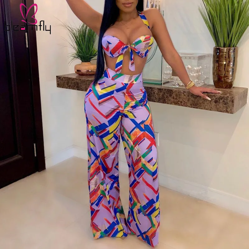 

Sexy Two Piece Set 2019 Summer Outfits Female Tracksuit For Women Strap Top Wide Leg Pants Boho Printed Beach Matching Sets