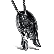 2016 men’s big necklace stainless steel skull angel wings pendant necklaces black punk vintage jewelry accessories fashion gifts