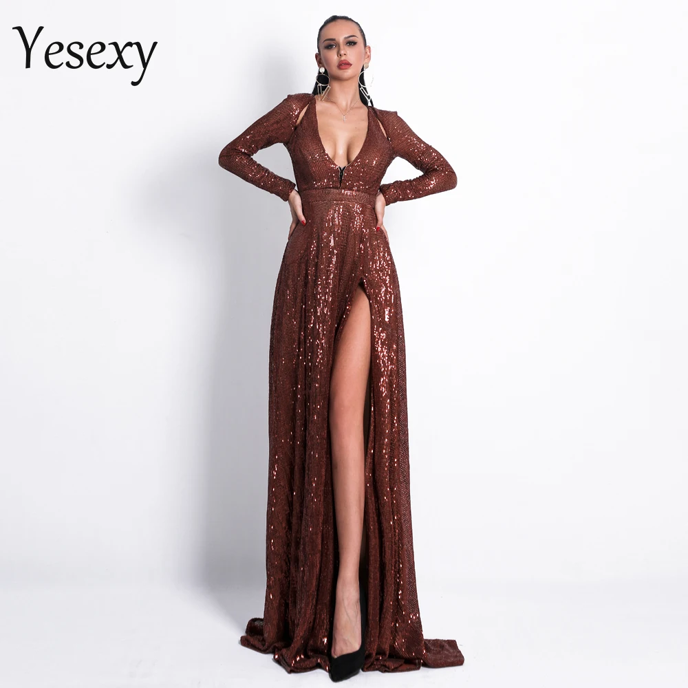 

Yesexy 2019 Women Sexy Deep-V Long Sleeve High Split Dresses Female Solid Color Sequin Dress VR9707-1