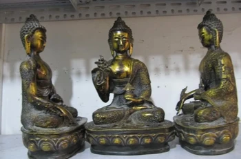 

12"Tibet Buddhism classic Bronze Gild Three Sakyamuni Amitabha Buddha Statue Set 8.02