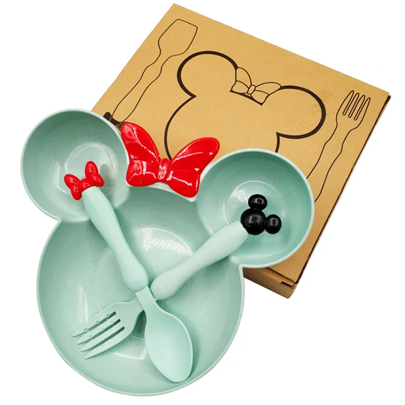 Green(with box) 3 шт./компл. ребенок ест Еда посуда детская обеденная чаша ложка Вилка тарелка для фруктов Втягивающийся поводок для собак, здоровый Детские тренировочные столовые приборы с коробкой - Цвет: Green(with box)