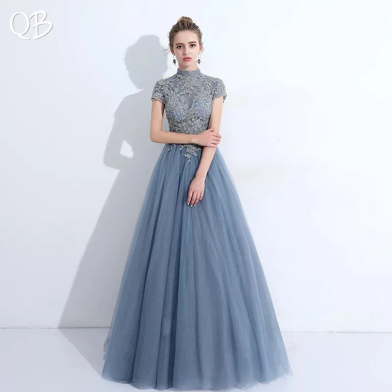 

Luxury Blue Pink Wine Red A-line High Neck Tulle Lace Beading Crystal Evening Dresses 2019 New Fashion Evening Gowns XH444