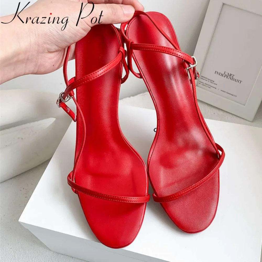 

Plus size nightclub movie stars full grain leather stiletto high heels peep round toe sexy modern girls buckle strap sandals L88