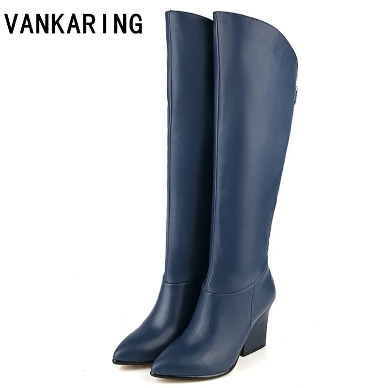 Vankering/женская зимняя обувь осенне-зимние сапоги из натуральной и искусственной кожи Брендовая женская обувь черного и синего цвета высококачественные сапоги до колена - Цвет: blue
