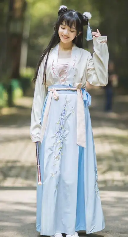 Китайское Старинное платье Женская Вышивка Hanfu костюм топ+ юбка Классическая сцена народный танец Древняя китайская одежда для девочек - Цвет: Синий