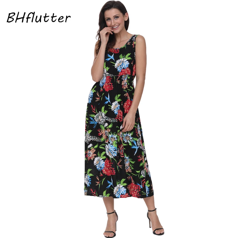 BHflutter Новое Стильное женское платье модное летнее платье без рукавов с цветочным принтом повседневное длинное богемное платье с высокой талией Vestidos