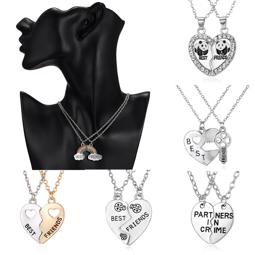 

Fashion 2Pcs Best Friend Heart Rainbow Pendent Necklaces Silver Chain Metal Choker Necklace Girls Friendship Jewelry Hot Gifts