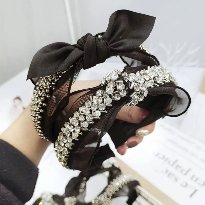 

Wedding Jewelry Wide Headband Ladies Vintage Faux Pearl Rhinestone Handmade Beading Hair Hoop Hollow Gird Bowknot Lace Headwear