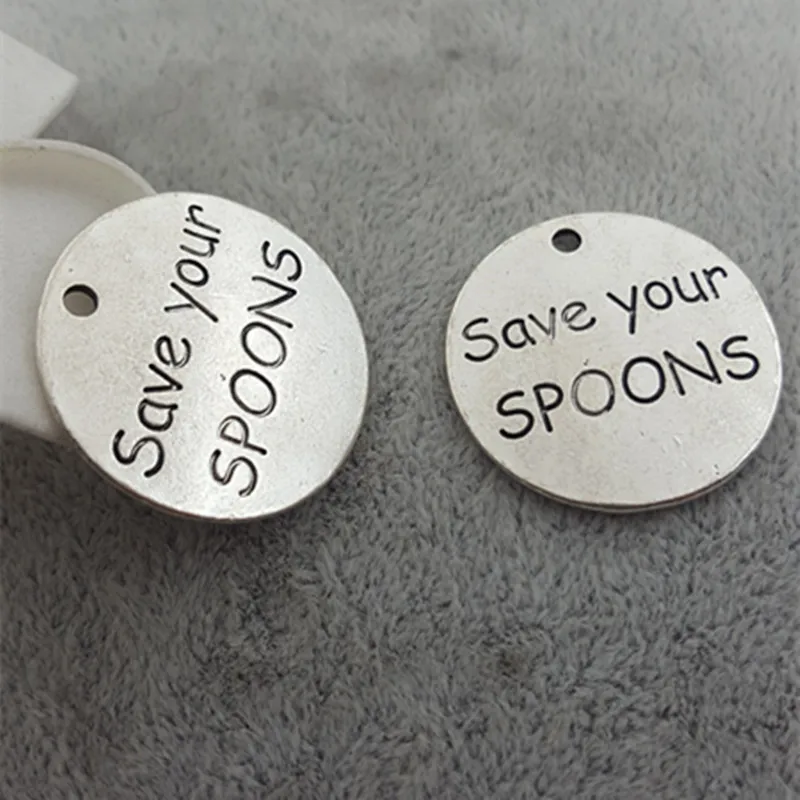 

25mm "Save your SPOONS" antique silver word charms lot round metal jewelry tag, alloy message pendants for bracelet and necklace