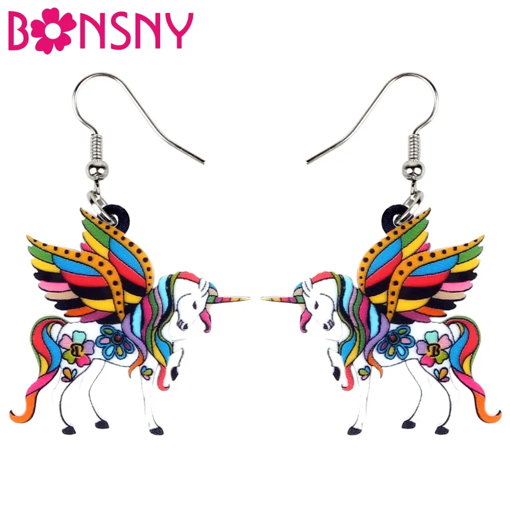 

Bonsny Acrylic Elegant Floral Unicorn Flying Horse Earrings Dangle Drop Fashion Fairy Holy Animal Jewelry For Women Girl Brincos