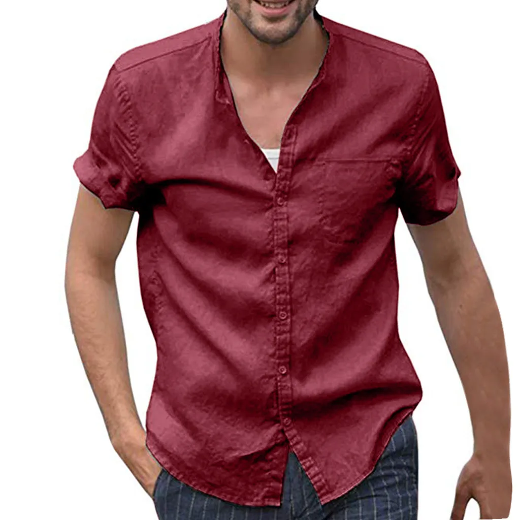 

Summer Men Shirt Cotton Linen Short Sleeve Casual Loose Tops Plus Size Stand Collar Shirt Male Button Solid Color Fashion Shirt