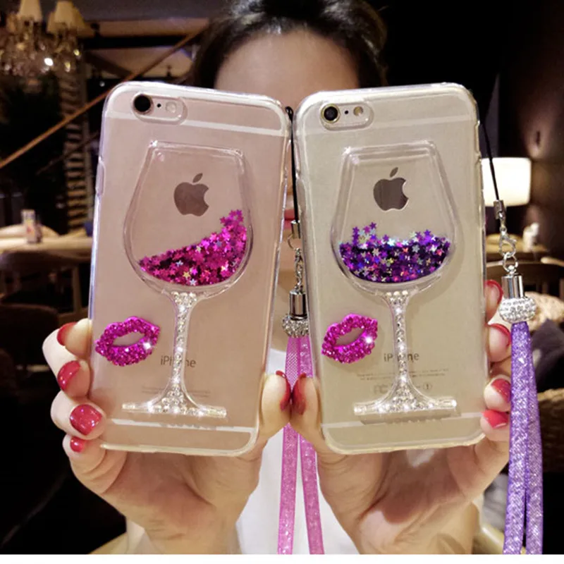 

3D Liquid Quicksand Bling Wine Glass Pattern Rhinestone Phone Case For Samsung J320 J520 J530 J7(2017)Hang Rope For J5 J7 Prime