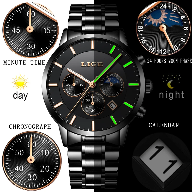 2019 LIGE Mens Watches Top Brand Luxury Male Fashion Sports Watch Men Black All Steel Waterproof Quartz Clock 24Hour Moon Phase