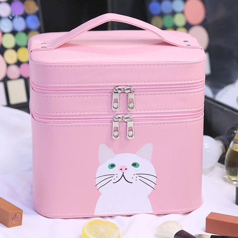 

New arrival large capacity cosmetic organizer bag women portable make up storage bags Double Layer Cute travel makeup Trunk