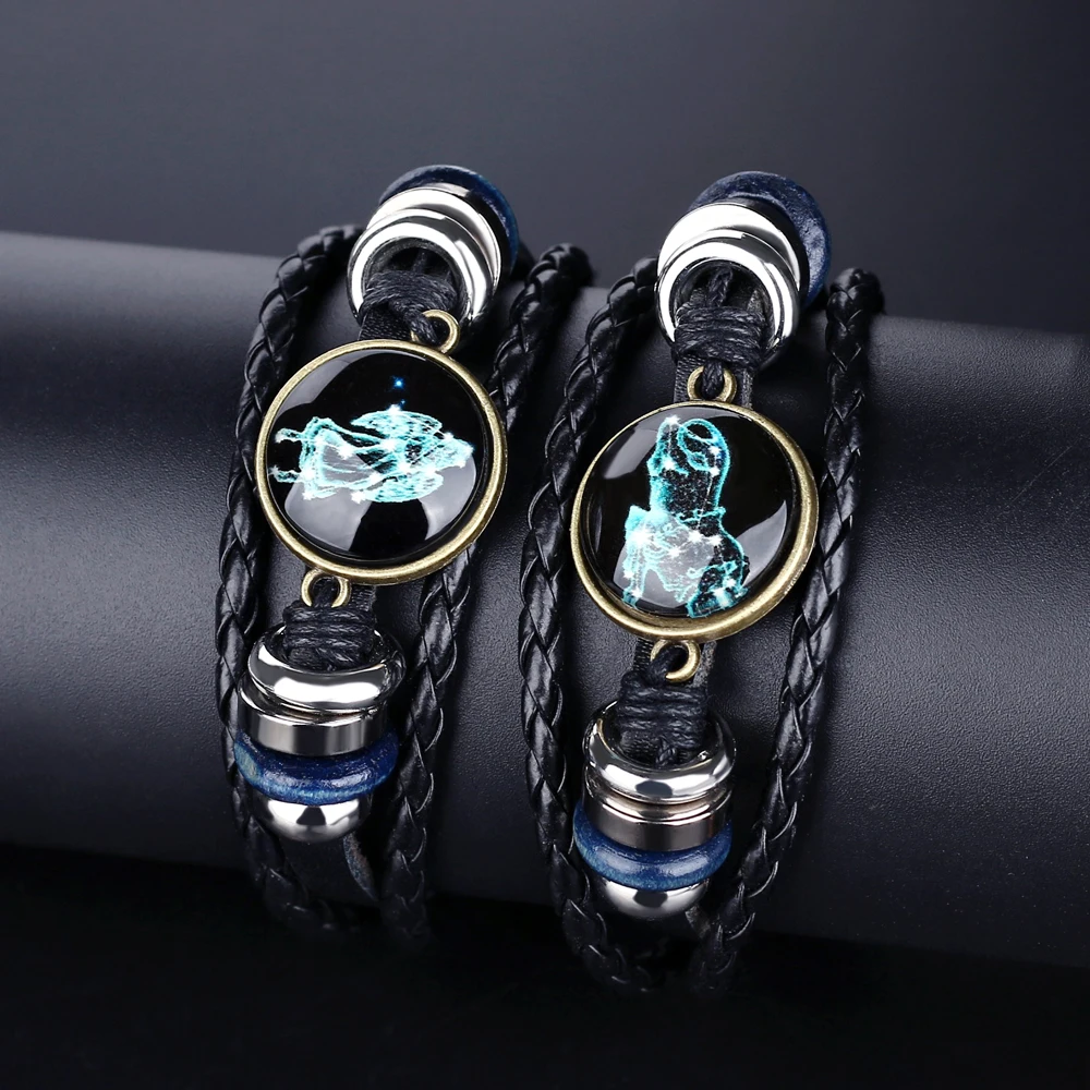12 созвездий браслет Для мужчин ретро Медь Шарм Кожаные браслеты Плетеные браслеты по гороскопу Для женщин девочек Модные украшения