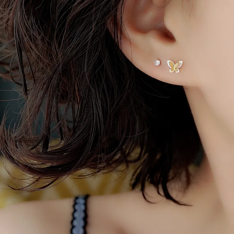 Золотые и серебряные серьги из чистого серебра 925 пробы для женщин, мини Двойные бабочки, серьги с милыми животными, ювелирные изделия