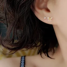 Золотые и серебряные серьги из чистого серебра 925 пробы для женщин, мини Двойные бабочки, серьги с милыми животными, ювелирные изделия