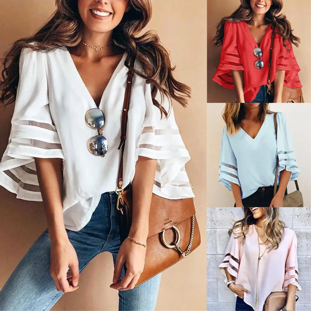 

HobbyLane Women Fashionable V-neck Loose Type Gauze Stitching Top Unique Style Blouse