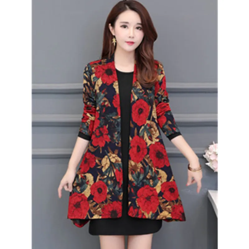 UHYTGF Autumn trench coat Womens fashion folk-custom printing Cardigan shawl thin outerwear Long sleeve loose plus size coats 83 - Цвет: Red peony