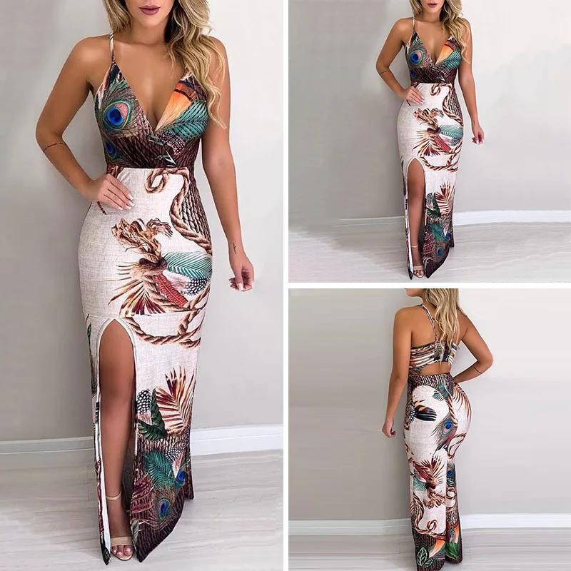 

Women Hollow Sexy Peacock Floral Sling Split Deep V-NeckMaxi Dress