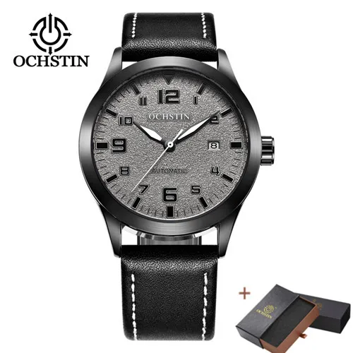 Роскошный топ бренд OCHSTIN автоматические часы для мужчин водонепроницаемый Дата Спорт для мужчин кожа механические наручные часы Мужские часы Мода relogio - Цвет: black gray Add box
