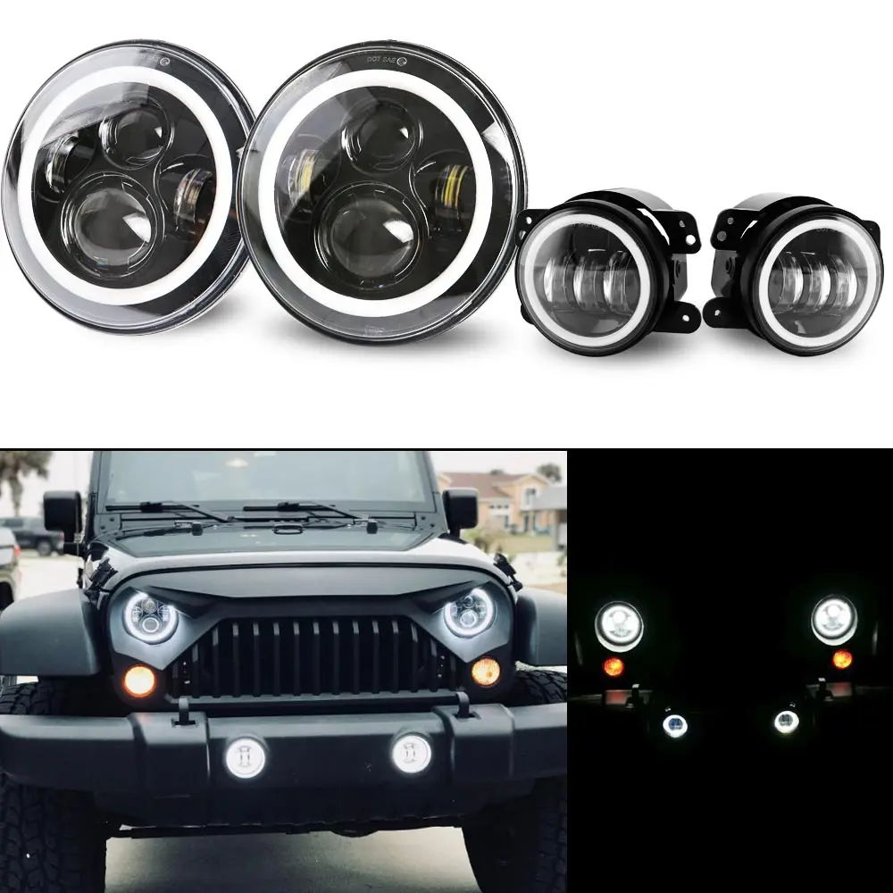 DOT 7 дюймов светодиодные круглые фары Янтарный сигнал поворота Hi/Lo луч DRL+ 4 дюйма передний бампер противотуманные фары для 2007- Jeep Wrangler JK