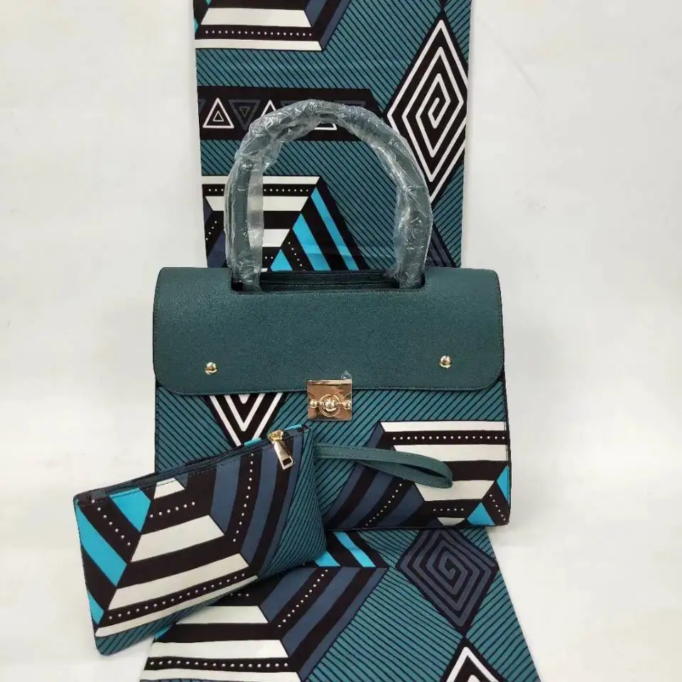 

6Yards Nice looking teal background hollandais printed pattern african big handbag set for party VB28