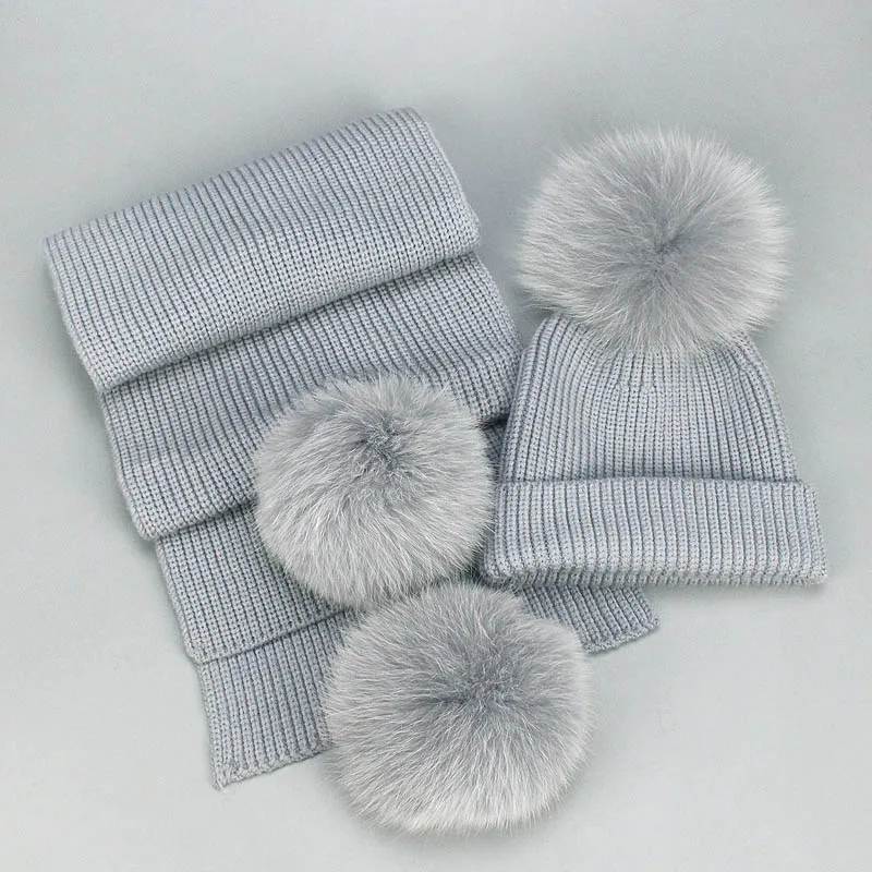 Winter Beanies Fox Pompom Fur Wool Knitted Hat The Female Of The Mink Caps Beanie Hats For Women Girl 'S Hats Scarves Cap Scarf - Цвет: Light Gray