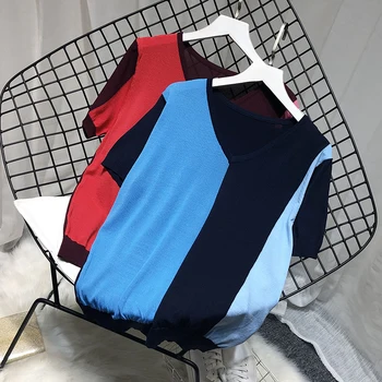 

2019 Summer women short sleeve knitted sweaters lady patchwork color knitted tops short sleeve female summer knitwear shirts