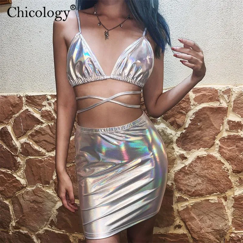 

Chicology lace up crop top mini skirt neon 2 two piece matching set 2019 summer sexy women clothing festival club co ord set