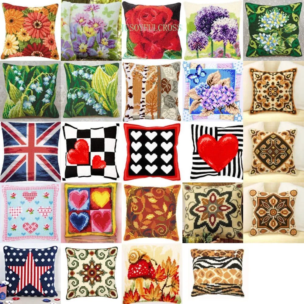 

TH 26 patterns NEW DIY Needlework Kit Acrylic Yarn Embroidery Pillow Tapestry Canvas Cushion Front Cross Stitch Pillowcase