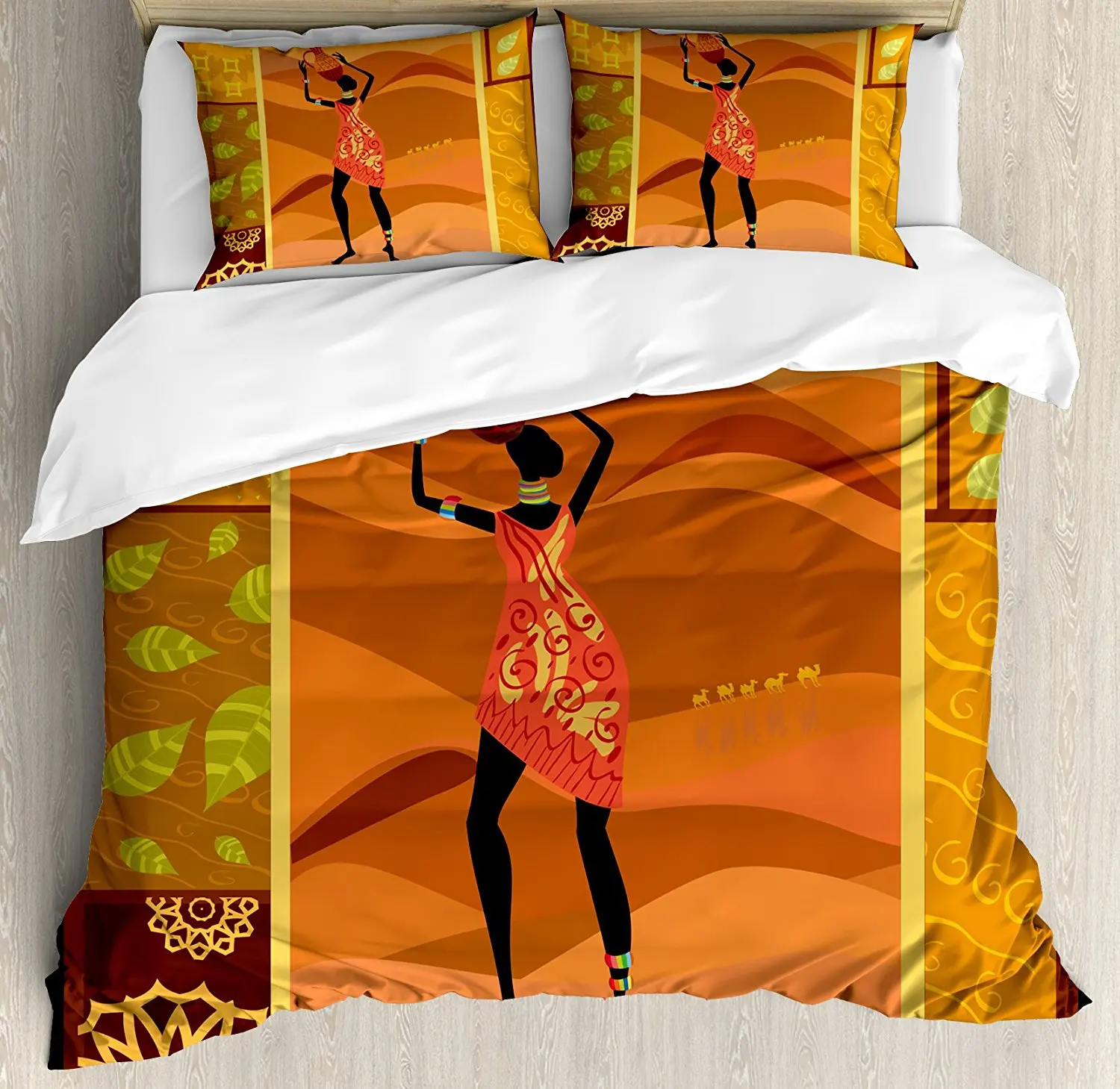 

African Woman Duvet Cover Set Frame with Natural Autumn Elements Native Girl with Vase Exotic Zulu Print, 4 Piece Bedding Set