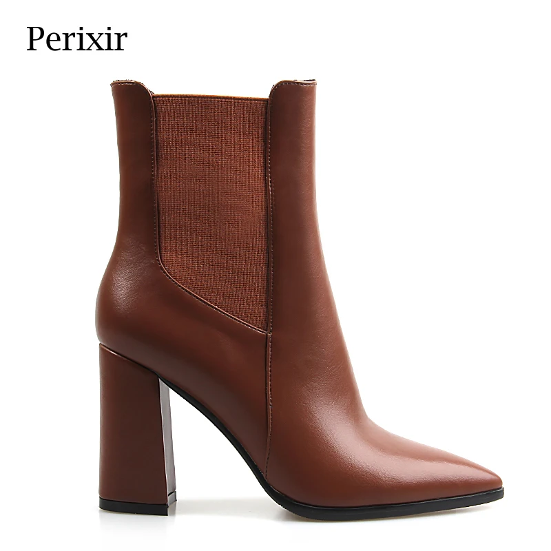 

Perixir Women Ankle Pu Short Boots High Heel Boots 9 cm Heel Pointed Toe Square Heel Short Plush Zip Solid Brown Heel Ankle Boot