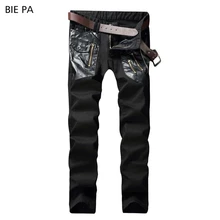 Черный PU сращены на молнии Брендовые мужские джинсы хлопковые обтягивающие мужские джинсы локомотив модные Для мужчин Штаны#8803