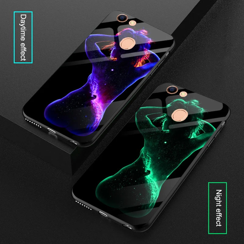 

Luminous Sexy Body Art Glass Cases For OPPO A59 A71 A73 A79 Space Back Cover Coque Case For OPPO F1S F5 F7 Glow Case