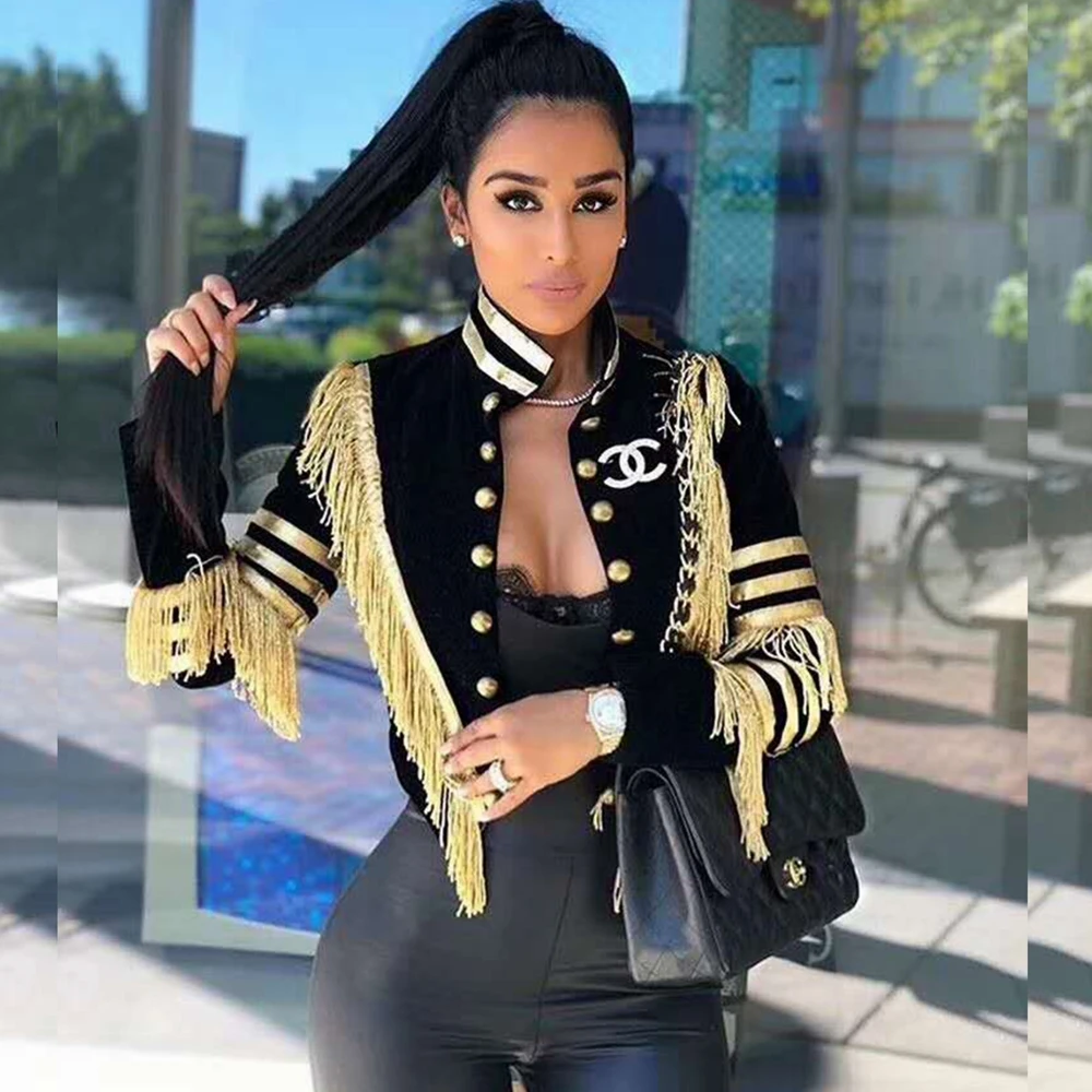 

Fashion New Black with Gold Tassel Patchwork Button V Neck 2018 Sexy Short Jackets Women Autumn Winter Coat Verano Causal Club