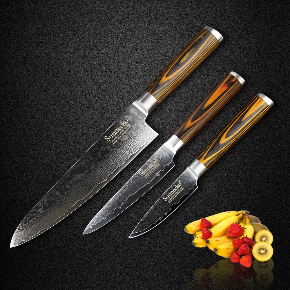 

Sunnecko 3PCS Kitchen Knife Set Utility Fruit Paring Chef Knife Damascus Steel Sharp Blade with 59-60HRC Strong Hardness Knife