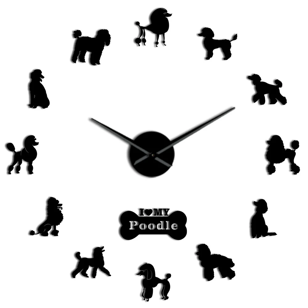 Современные настенные часы «Пудель» с большой ручкой, «Пудель», «сделай сам», гигантские настенные часы для столовой, Настенный декор, Caniche, зеркальный эффект, DIY, большое настенное искусство - Цвет: Black