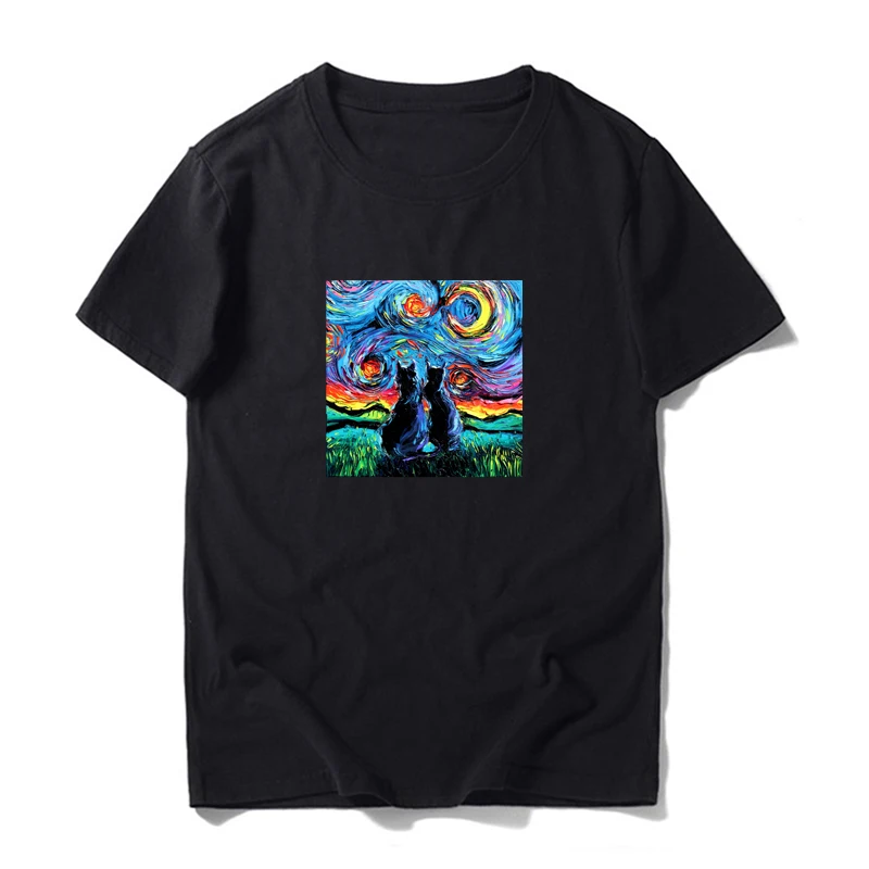 

Van Gogh cat T-Shirt Men's programmer rawr art Gamer Tee Summer Short Sleeve Cotton T Shirt